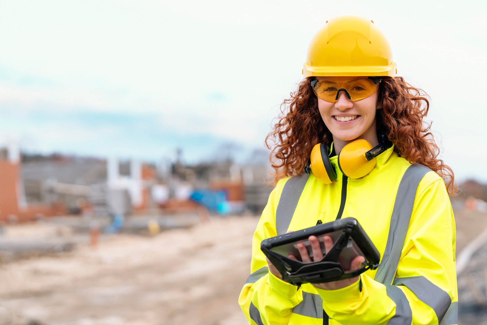 redhead female site engineer surveyor working with theodolite total station EDM equipment on a building construction site outdoors